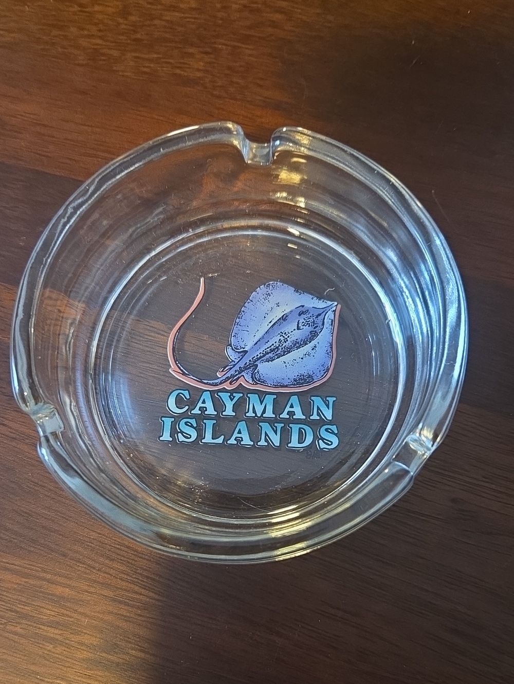 Cayman Islands Clear Glass Ashtray with Blue Stingray Graphic